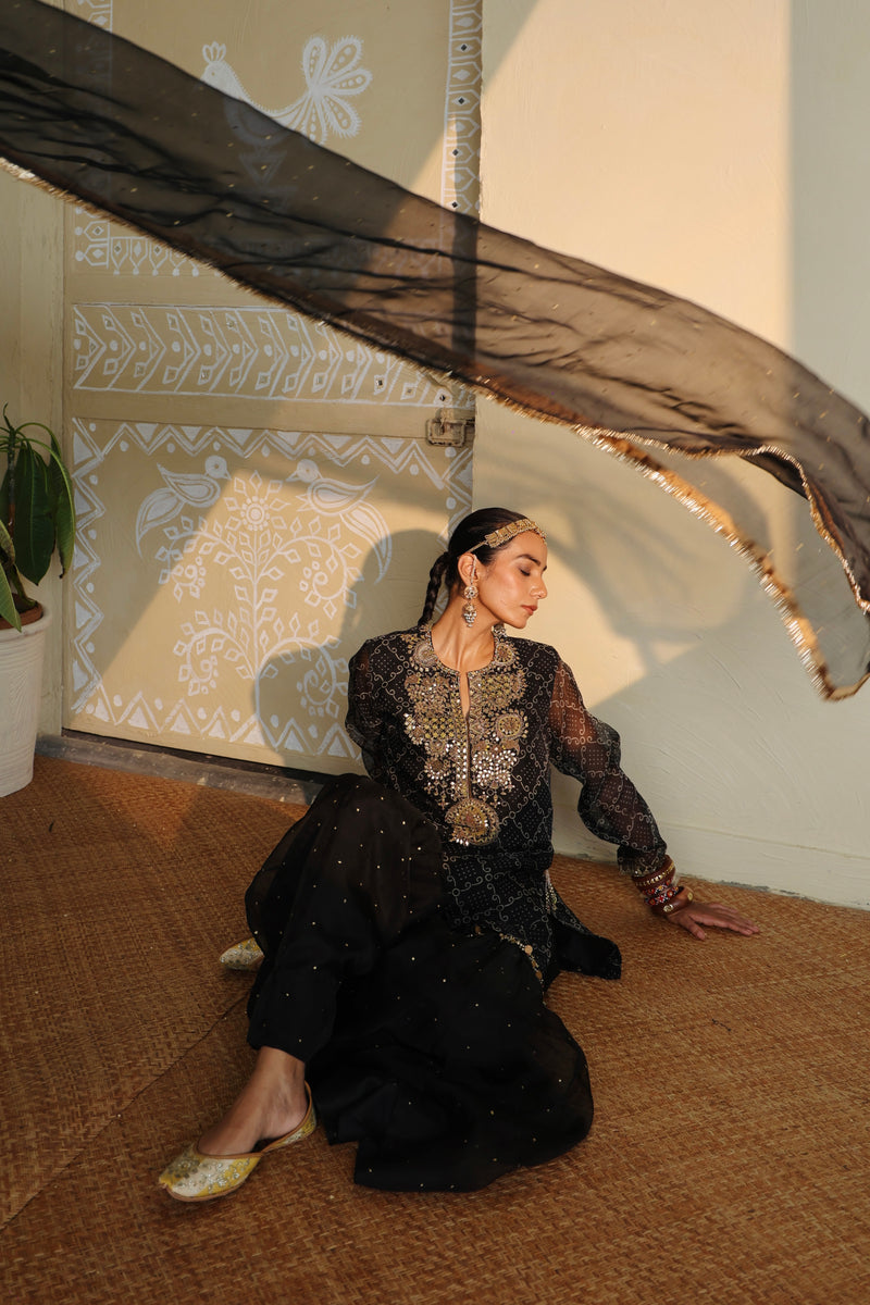 SITARA - BLACK PURE ORGANZA KURTA WITH SHARARA