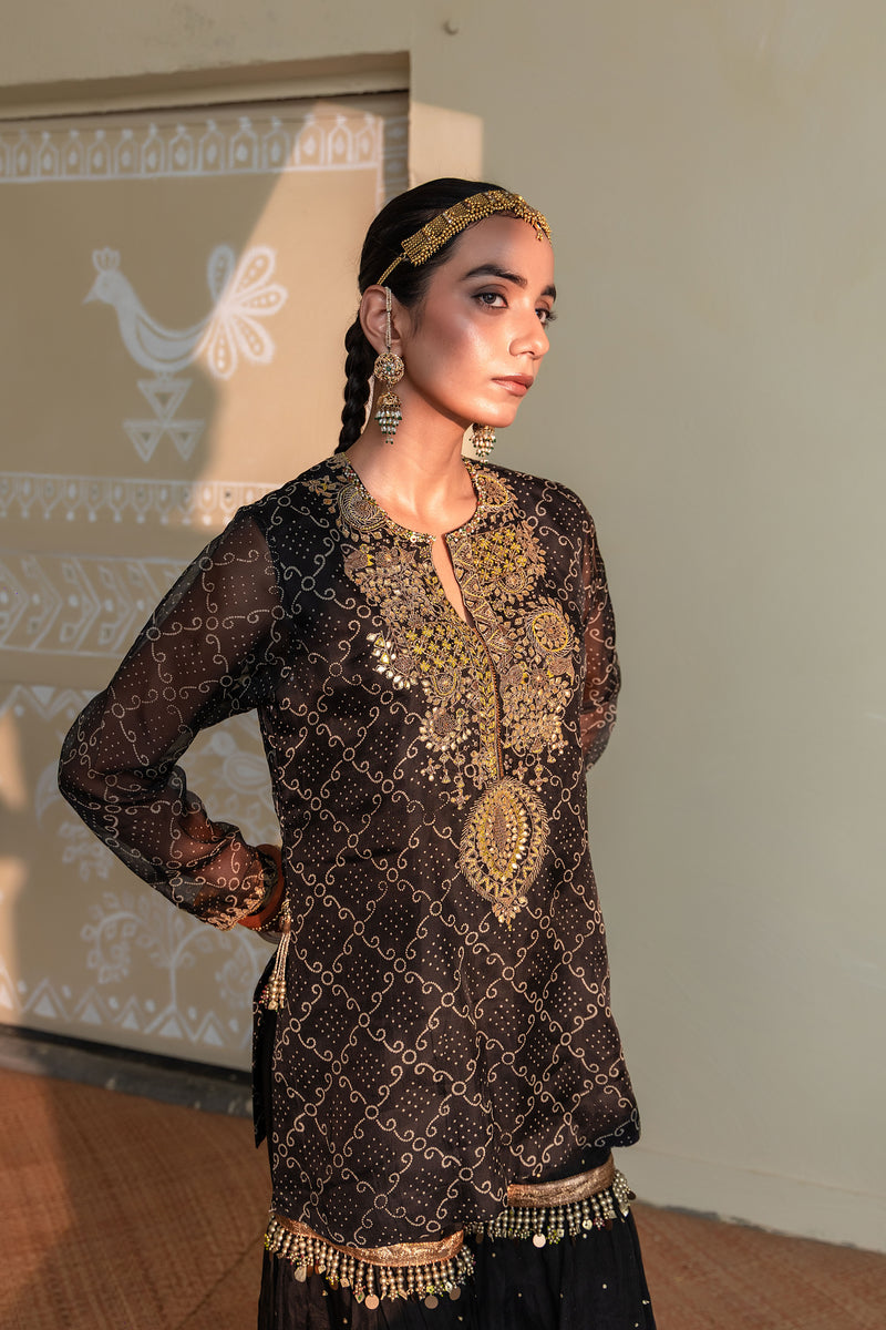 SITARA - BLACK PURE ORGANZA KURTA WITH SHARARA