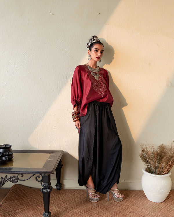 SURKH - MAROON CHANDERI KAFTAN WITH CHANDERI DHOTI PANTS