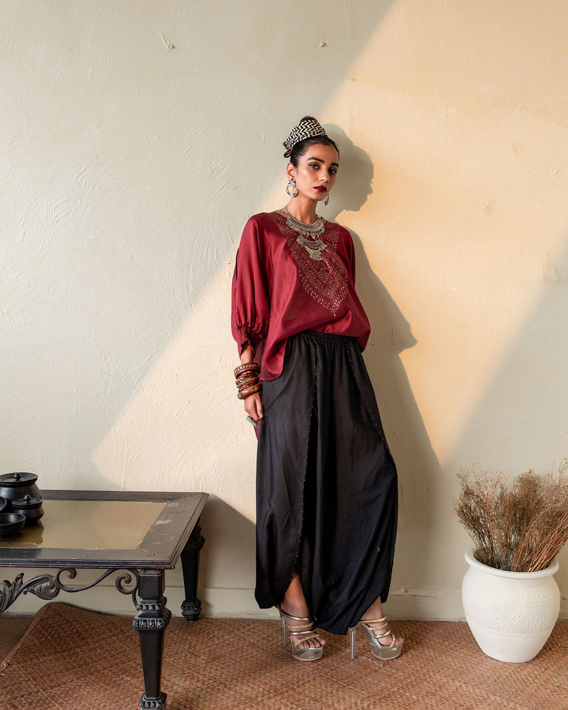 SURKH - MAROON CHANDERI KAFTAN WITH CHANDERI DHOTI PANTS