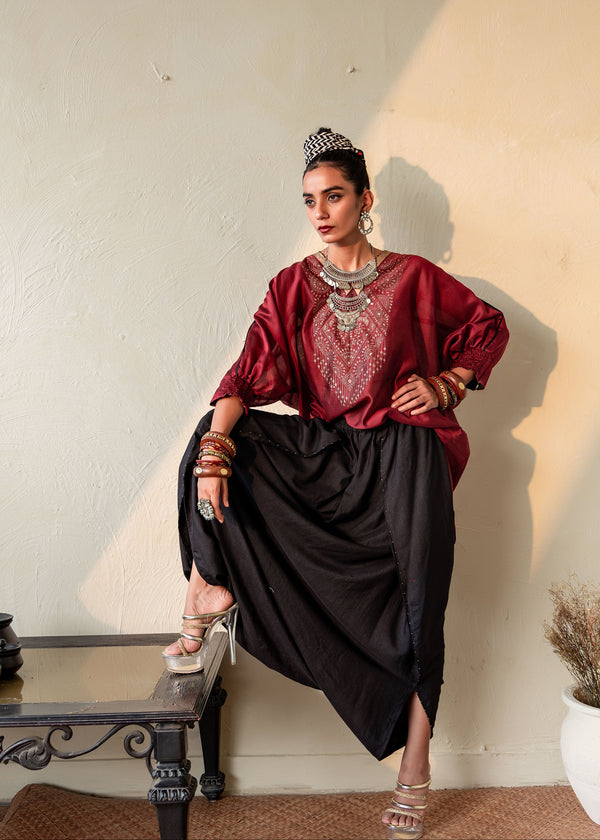 SURKH - MAROON CHANDERI KAFTAN WITH CHANDERI DHOTI PANTS