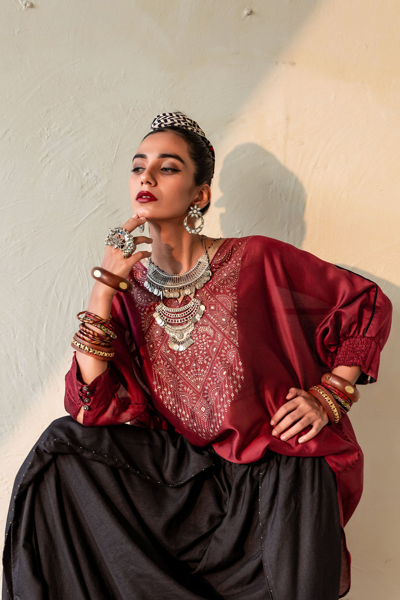 SURKH - MAROON CHANDERI KAFTAN WITH CHANDERI DHOTI PANTS