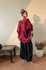 SURKH - MAROON CHANDERI KAFTAN WITH CHANDERI DHOTI PANTS