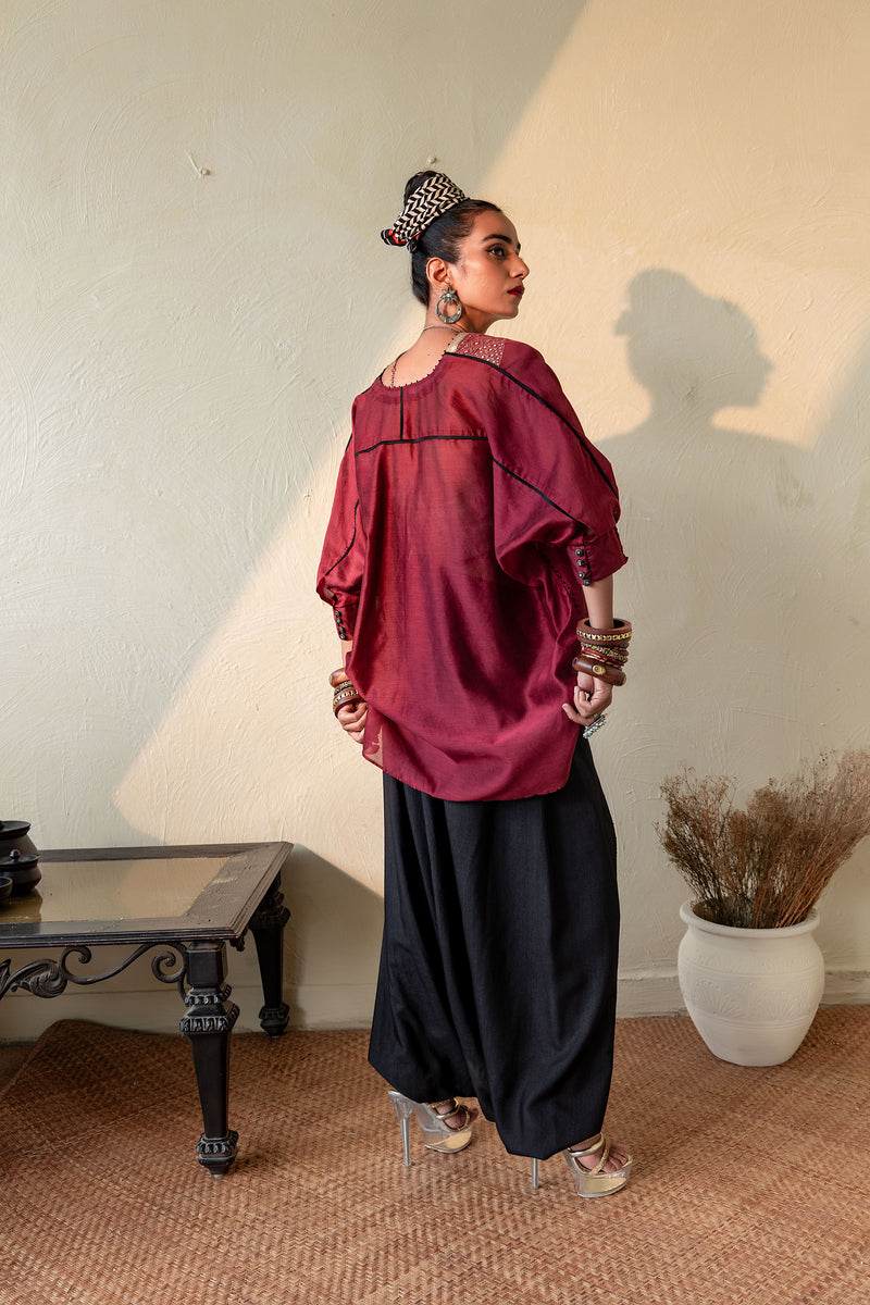 SURKH - MAROON CHANDERI KAFTAN WITH CHANDERI DHOTI PANTS