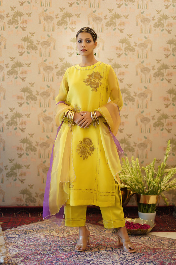 Shreeja - Yellow organza kurta with chanderi pant and organza dupatta