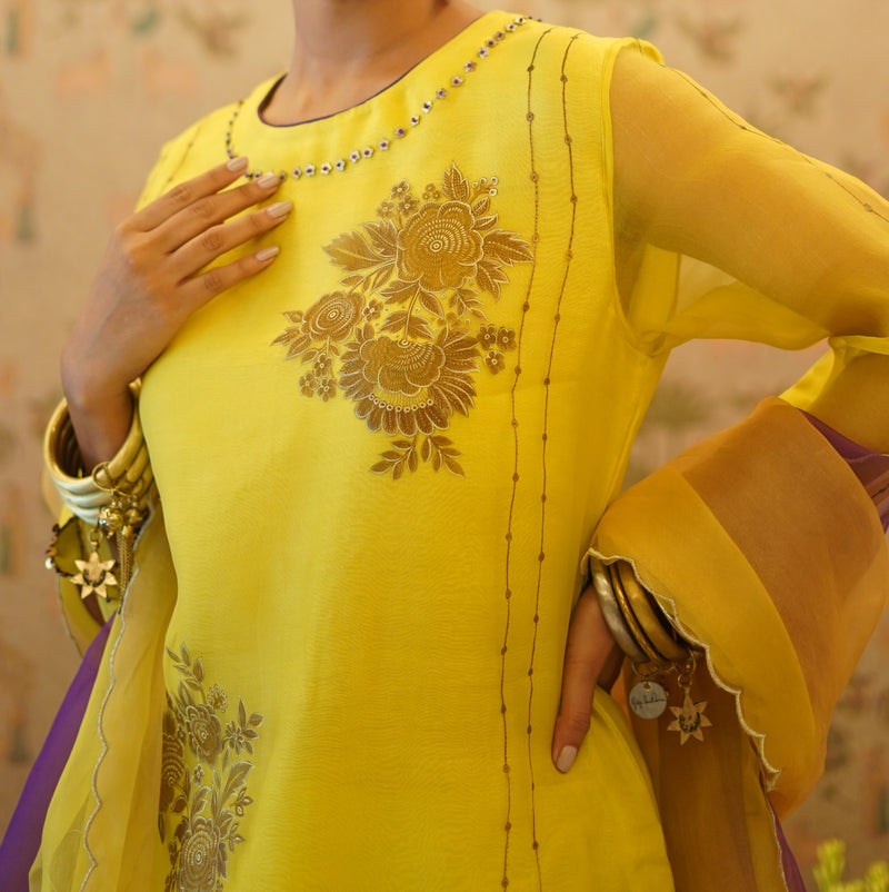 Shreeja - Yellow organza kurta with chanderi pant and organza dupatta