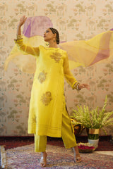 Shreeja - Yellow organza kurta with chanderi pant and organza dupatta