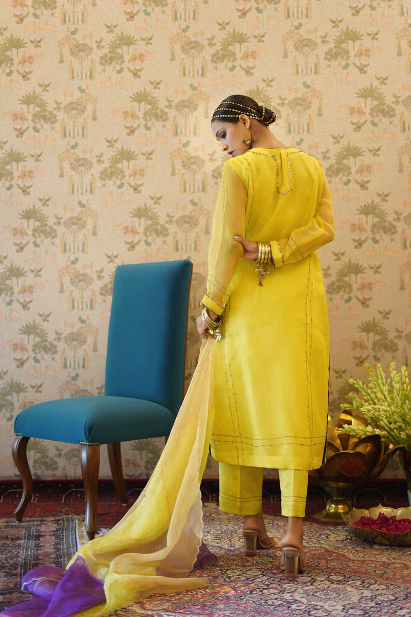 Shreeja - Yellow organza kurta with chanderi pant and organza dupatta