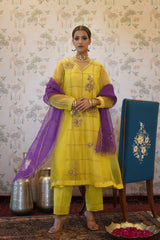 Vindaa - Yellow organza kurta with chanderi pant and organza dupatta