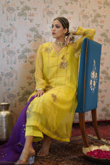 Vindaa - Yellow organza kurta with chanderi pant and organza dupatta