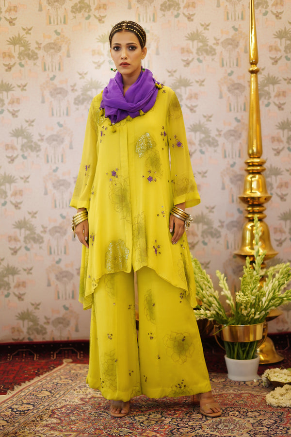 Kesara - Lemon yellow chiffon kurta with palazzo and scarf