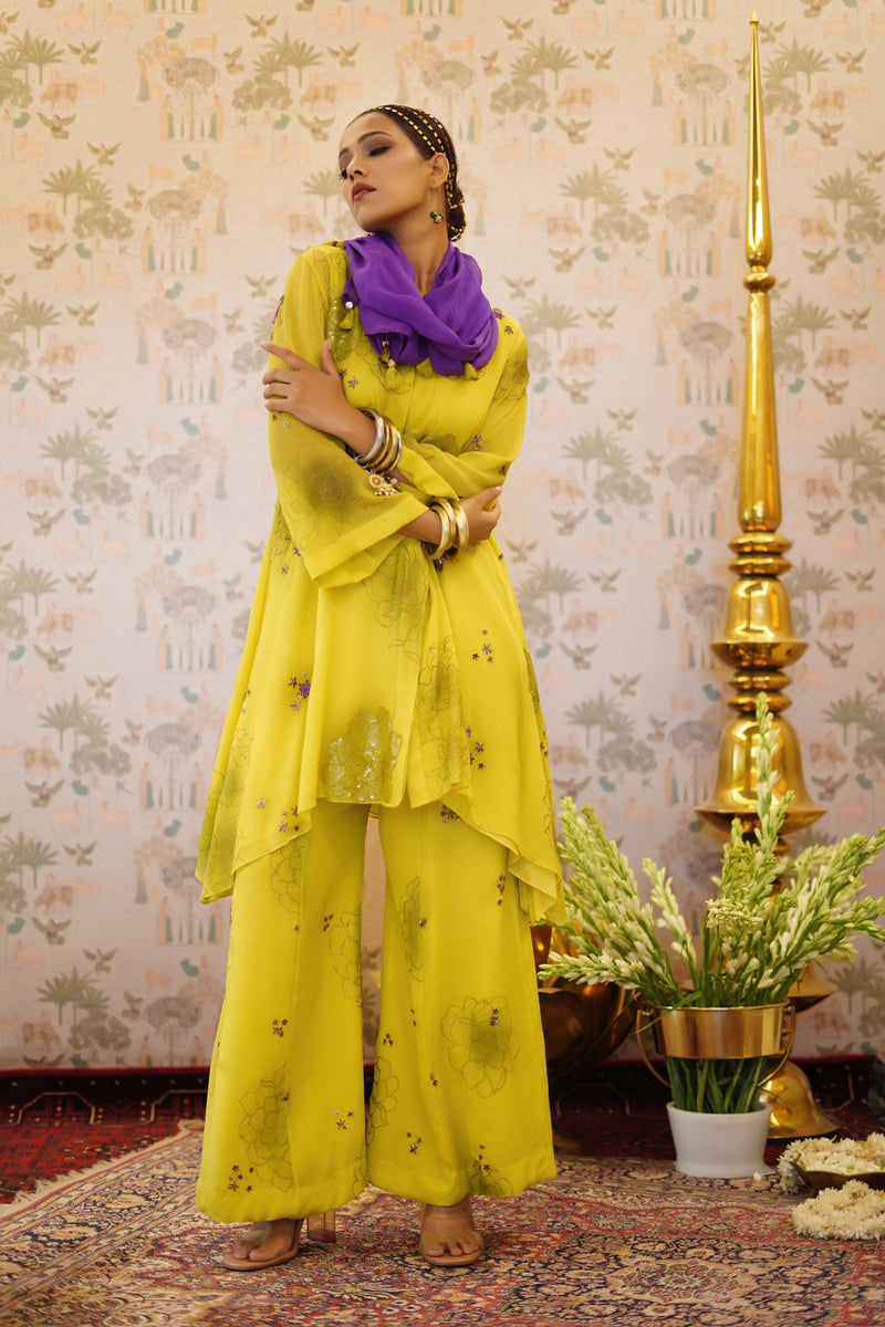 Kesara - Lemon yellow chiffon kurta with palazzo and scarf