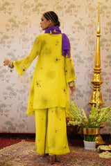 Kesara - Lemon yellow chiffon kurta with palazzo and scarf