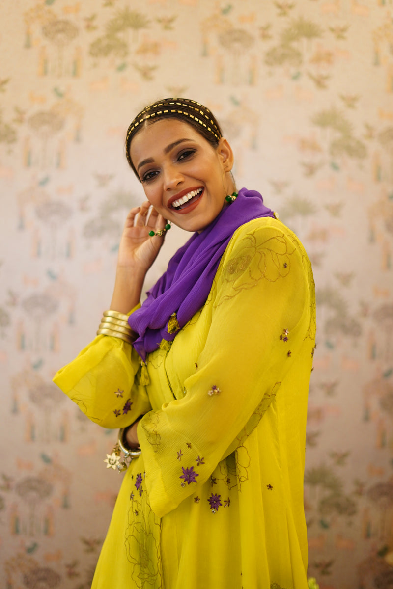 Kesara - Lemon yellow chiffon kurta with palazzo and scarf