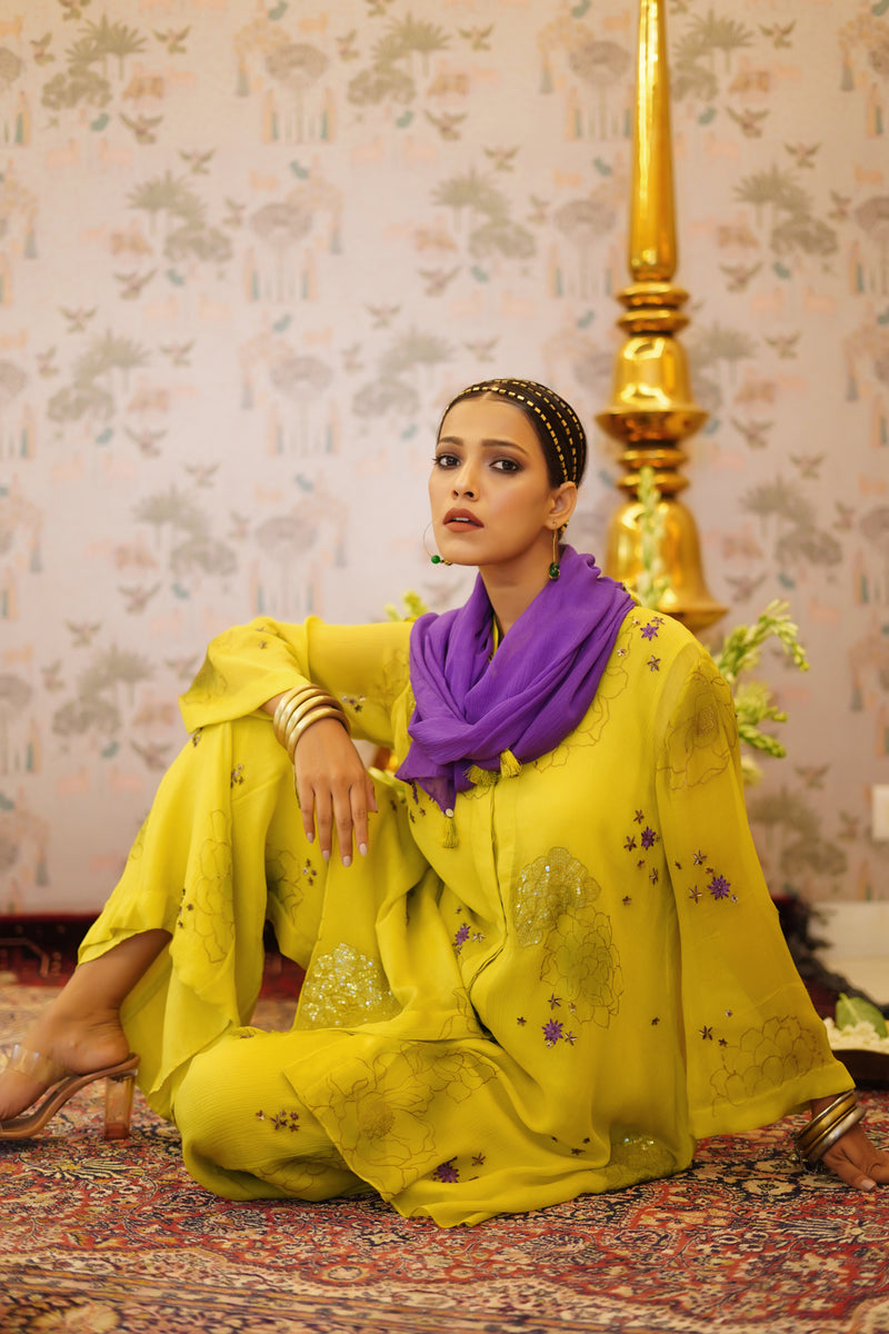 Kesara - Lemon yellow chiffon kurta with palazzo and scarf