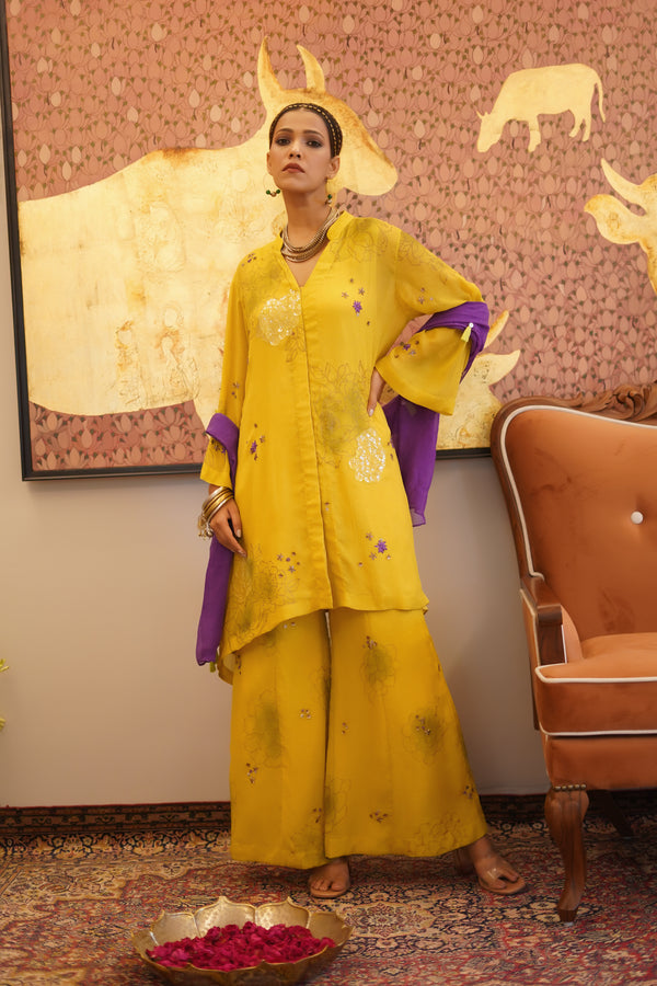 Mohana - Yellow chiffon kurta with palazzo and scarf