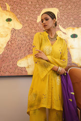 Mohana - Yellow chiffon kurta with palazzo and scarf