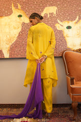 Mohana - Yellow chiffon kurta with palazzo and scarf