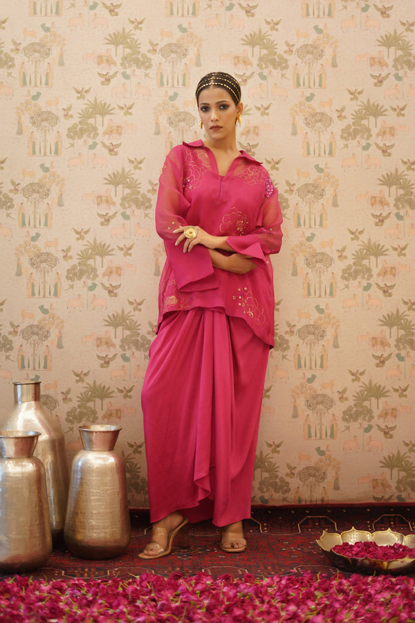 Tarangini - Fuchsia Pink organza top with pure crape drape skirt