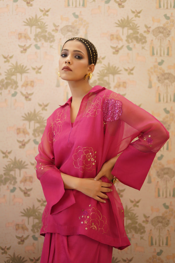 Tarangini - Fuchsia Pink organza top with pure crape drape skirt