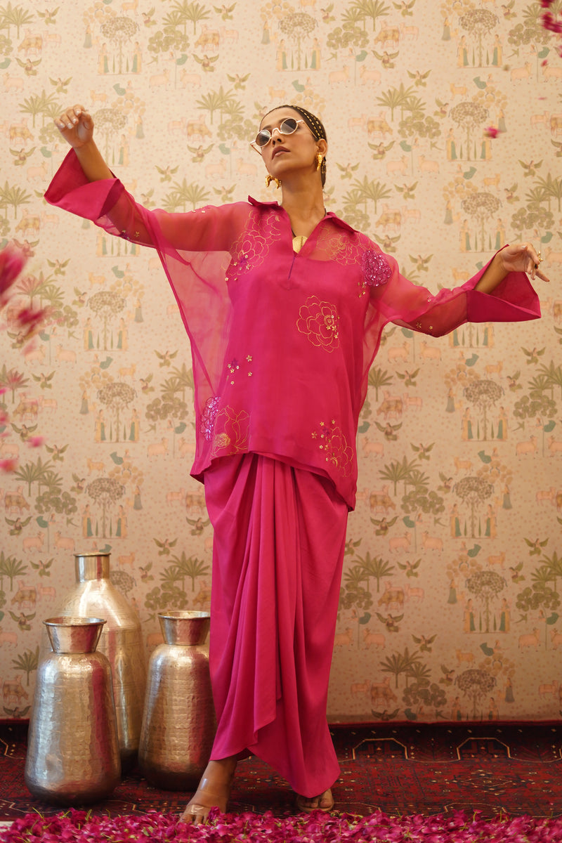 Tarangini - Fuchsia Pink organza top with pure crape drape skirt