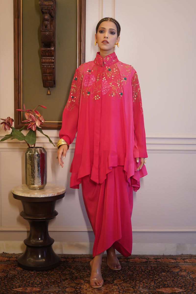 Sanjukta - Pink chiffon asymmetrical top with pure crape drape skirt