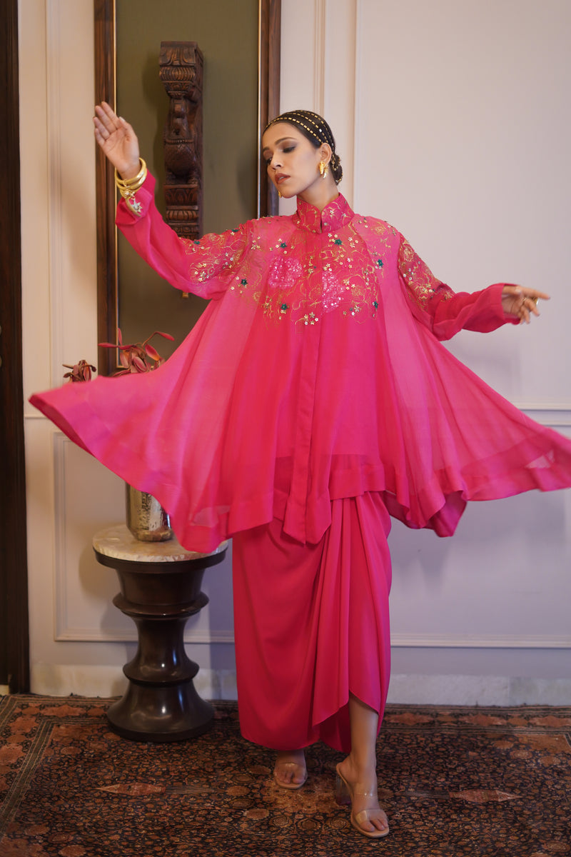 Sanjukta - Pink chiffon asymmetrical top with pure crape drape skirt