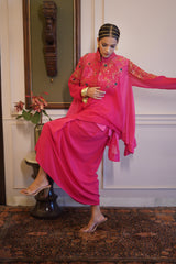 Sanjukta - Pink chiffon asymmetrical top with pure crape drape skirt