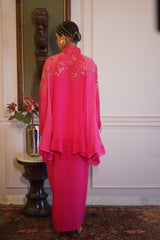 Sanjukta - Pink chiffon asymmetrical top with pure crape drape skirt