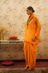 Ragini - Orange organza top with pure crape drape skirt