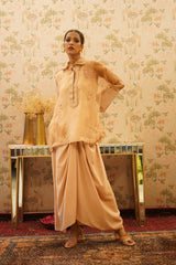 Malini - Beige organza top with pure crape drape skirt