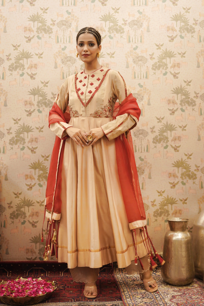 Beige handloom chanderi anarkali kurta and pants with pure organza dupatta