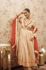 Beige handloom chanderi anarkali kurta and pants with pure organza dupatta