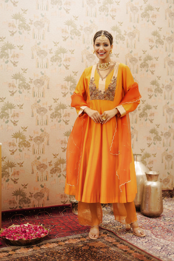 Hot orange flared kurta and pants with pure organza dupatta