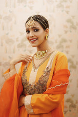 Hot orange flared kurta and pants with pure organza dupatta