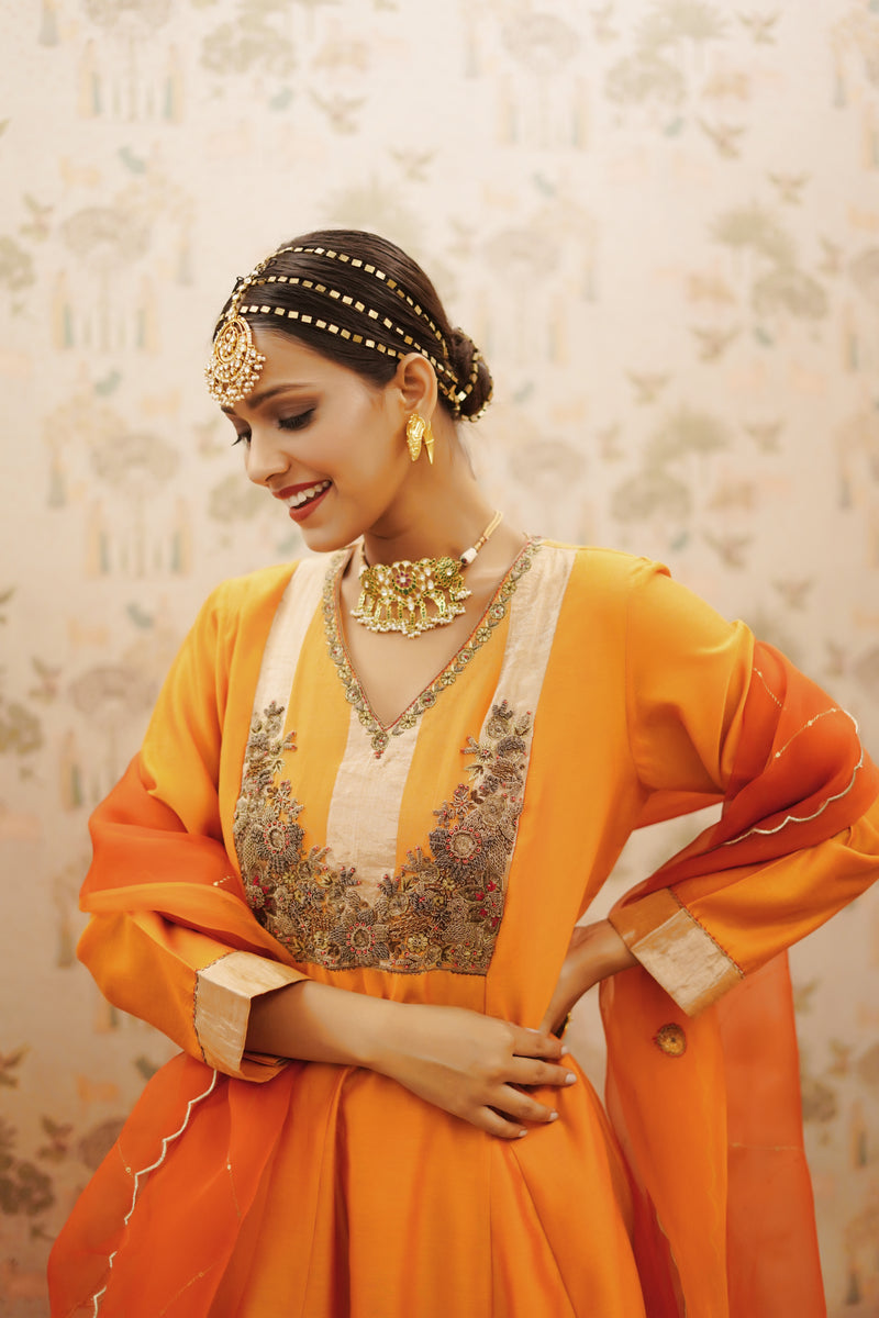 Hot orange flared kurta and pants with pure organza dupatta