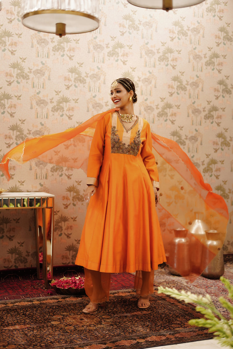 Hot orange flared kurta and pants with pure organza dupatta