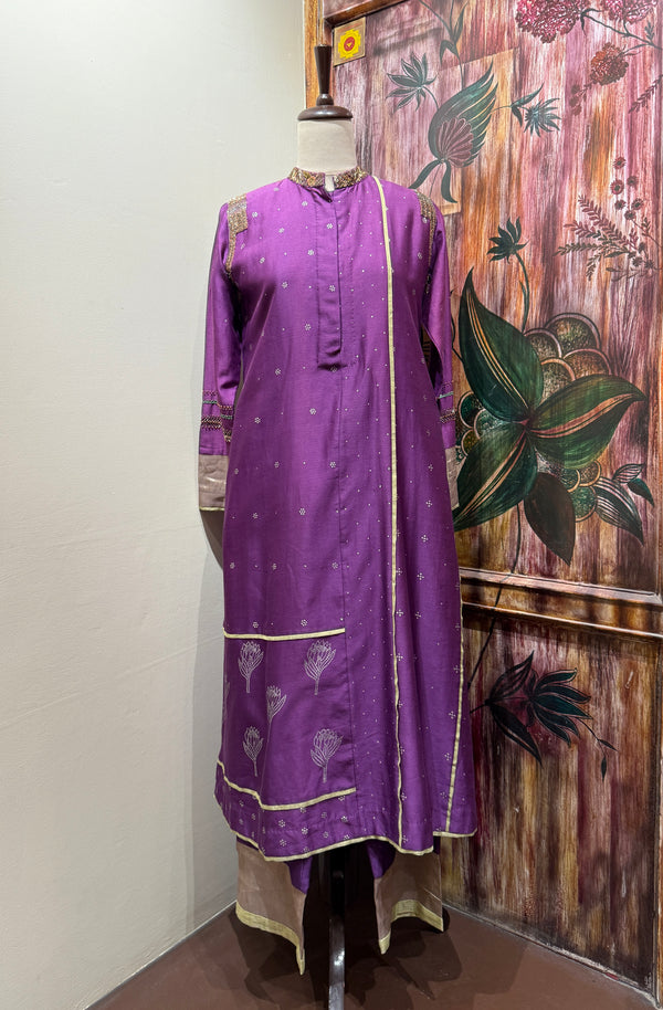 Purple hand painted kurta set