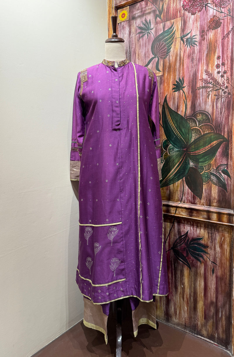 Purple hand painted kurta set