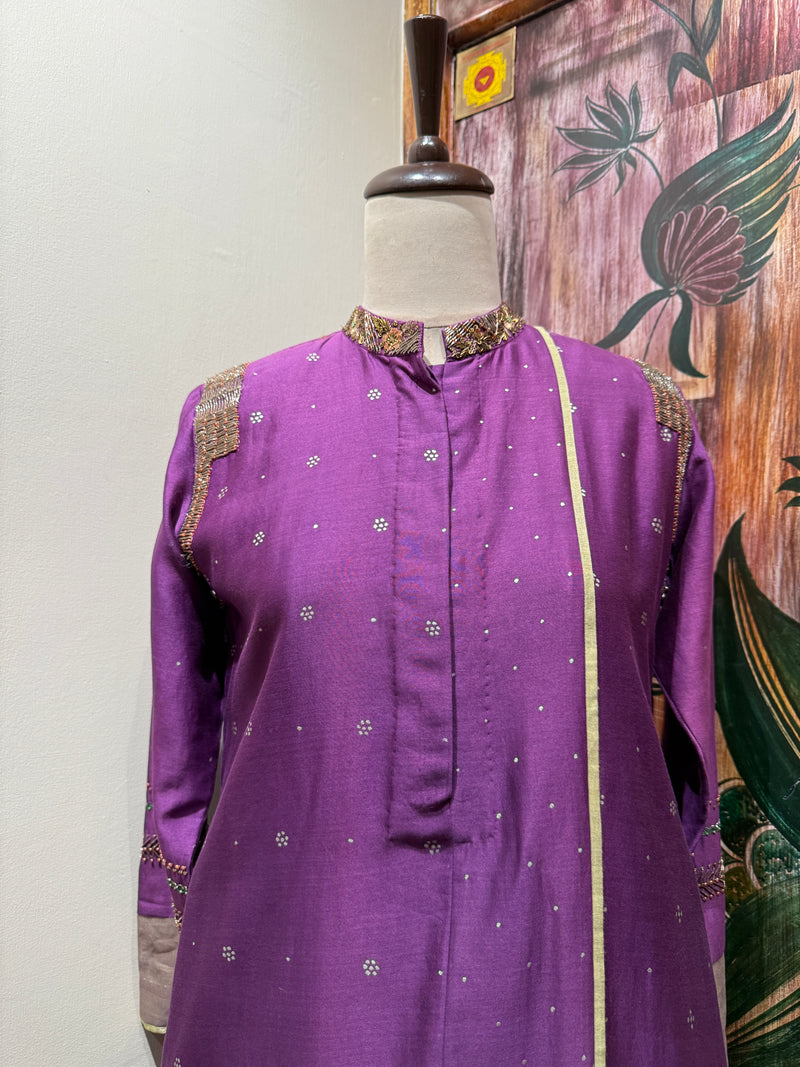 Purple hand painted kurta set