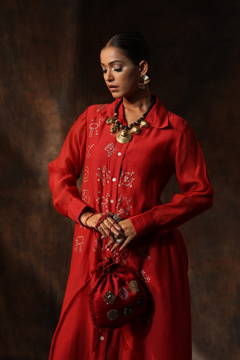 Red Chanderi Hand Painted Bandhani Collar Neck Dress