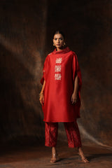 Red Chanderi Embroidery Motif Anchor Thread Work Kaftan With Pants