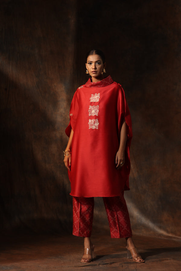 Red Chanderi Embroidery Motif Anchor Thread Work Kaftan With Pants