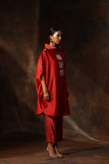 Red Chanderi Embroidery Motif Anchor Thread Work Kaftan With Pants