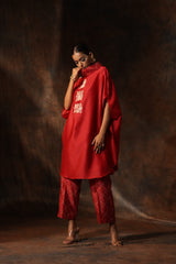 Red Chanderi Embroidery Motif Anchor Thread Work Kaftan With Pants