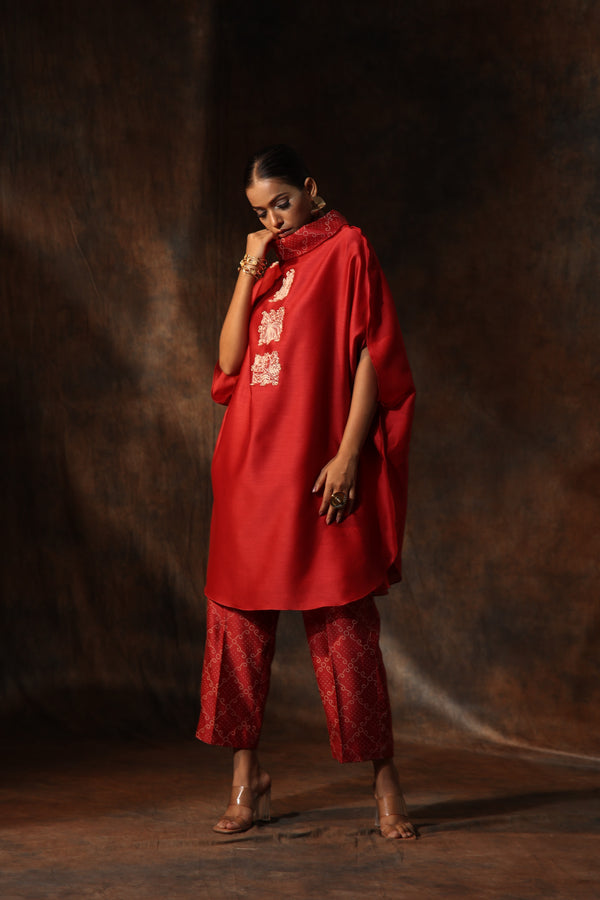 Red Chanderi Embroidery Motif Anchor Thread Work Kaftan With Pants