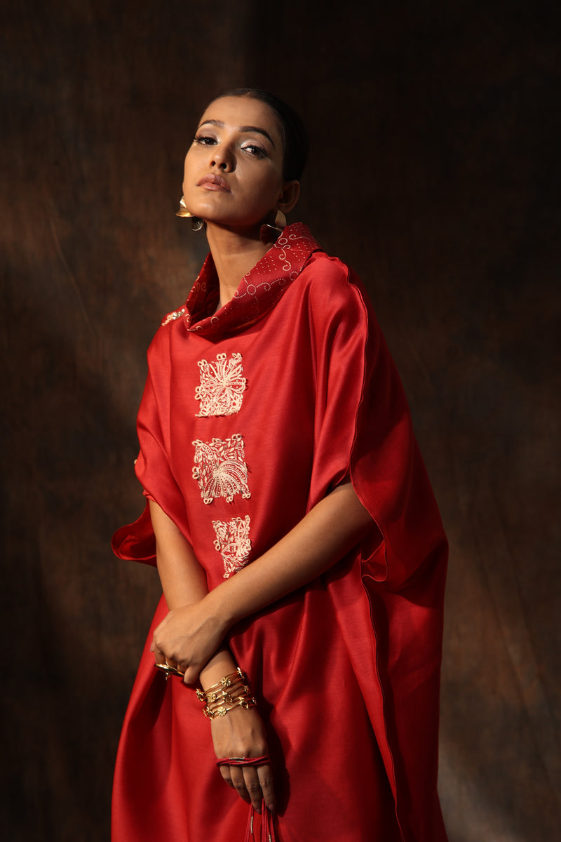 Red Chanderi Embroidery Motif Anchor Thread Work Kaftan With Pants