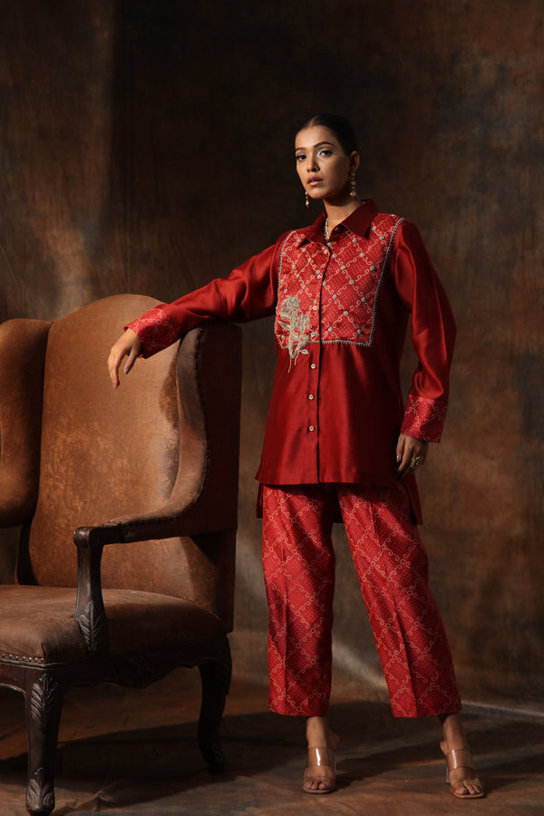 Red Chanderi Placement Print Bandhani Collared Bodice Tunic With Pants