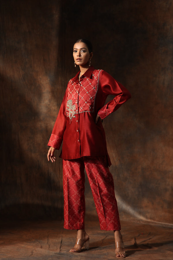 Red Chanderi Placement Print Bandhani Collared Bodice Tunic With Pants