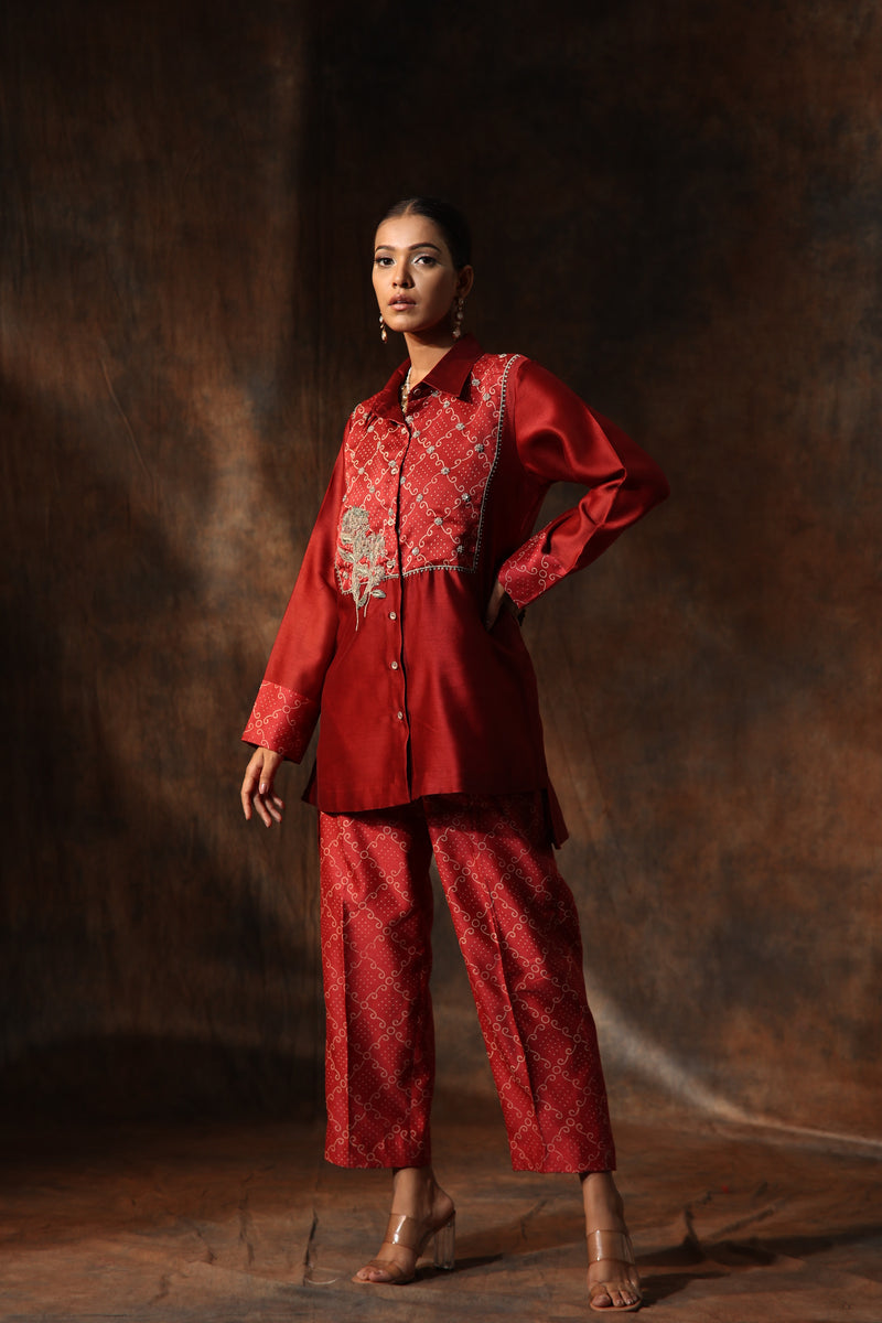 Red Chanderi Placement Print Bandhani Collared Bodice Tunic With Pants